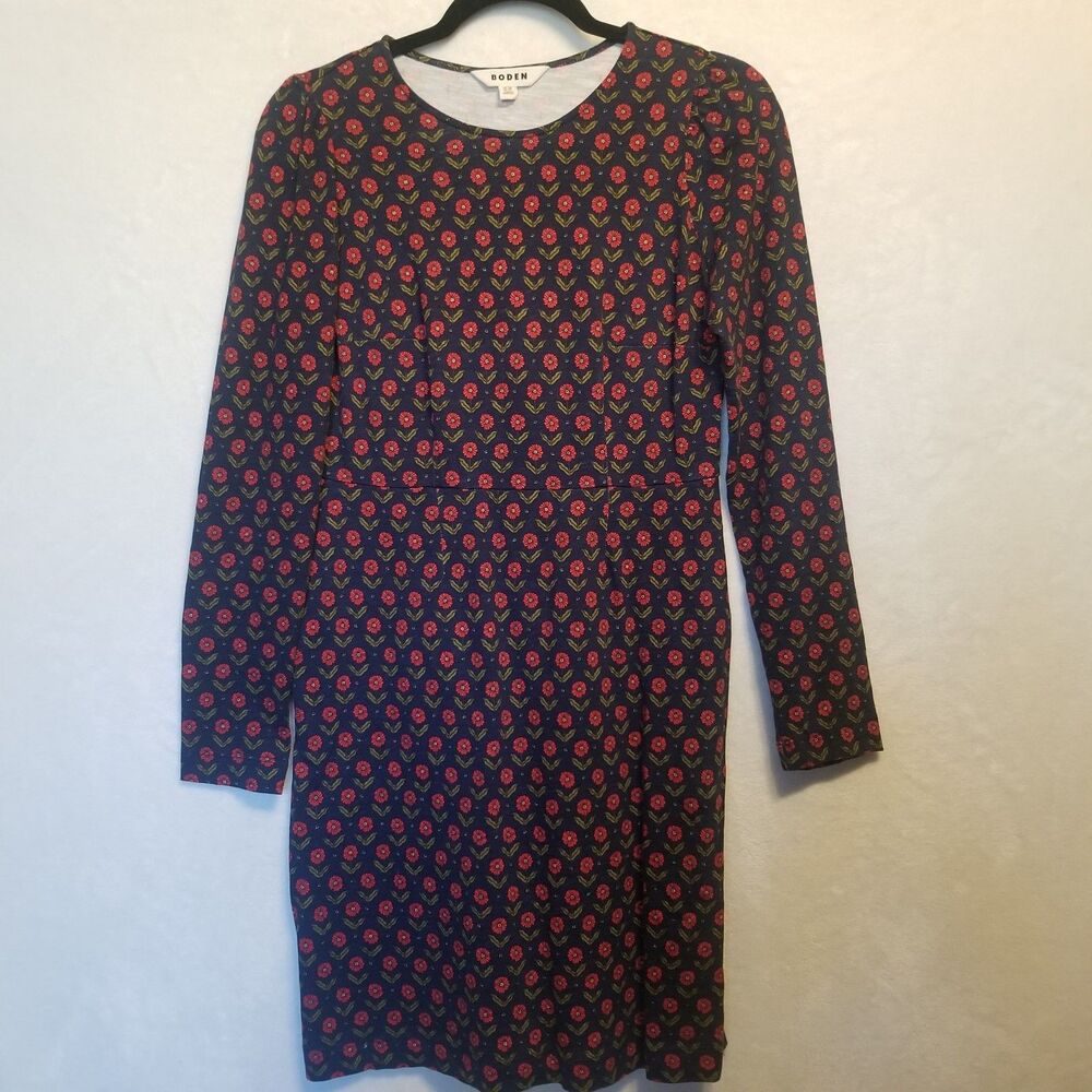 Boden 6R Dress Navy Red Floral Cotton Sheath Pockets Office Workwear Commuter